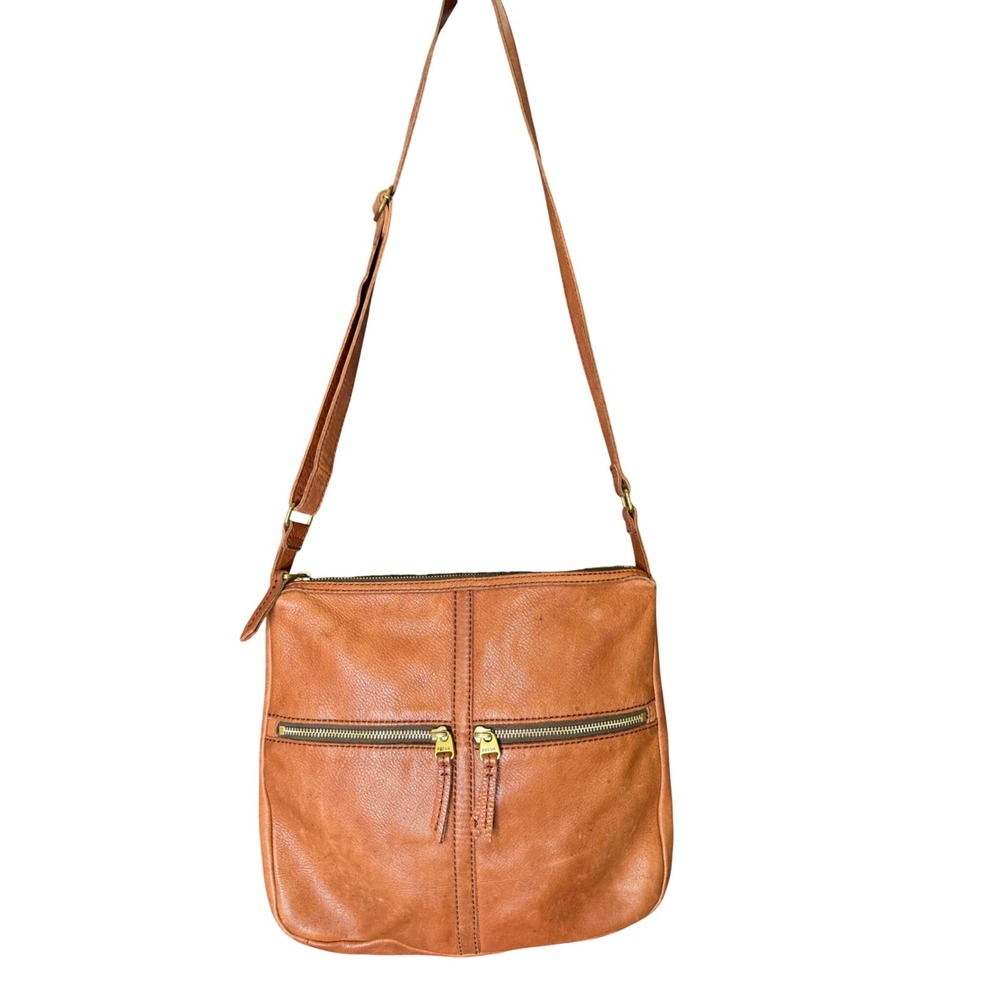 Fossil Cognac Brown Leather Crossbody Bag Adjustable Strap Brass Hardware